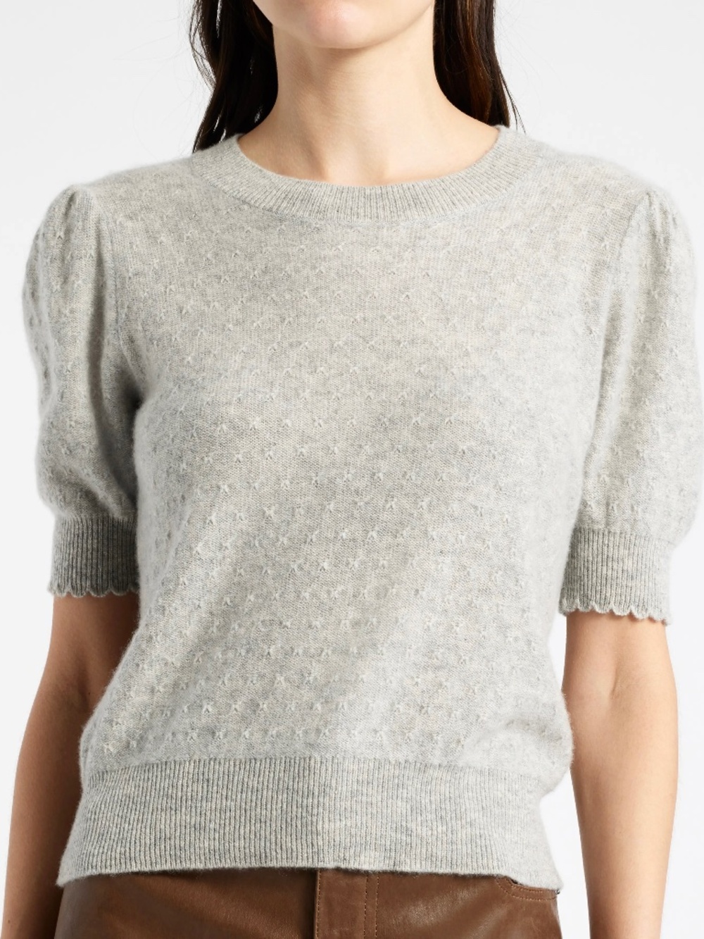 Magaschoni 100% Cashmere Pointelle Puff Short Sleeve Sweater Top Light Gray Sz L